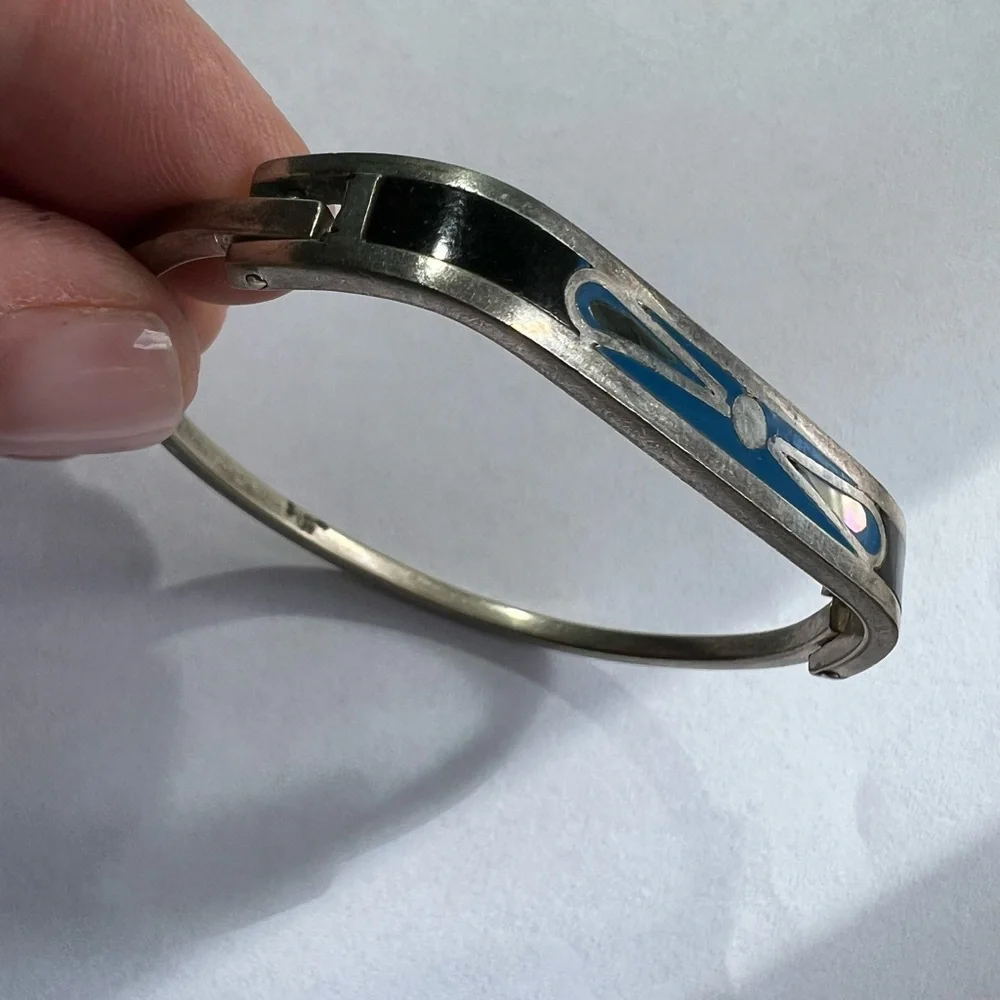 Vintage Sterling Silver and Blue and Black Enamel Inlay Bracelet